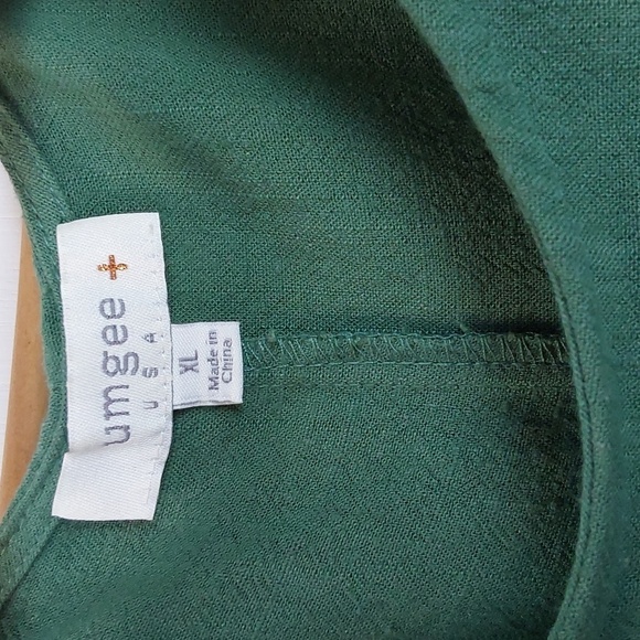 Umgee Green Top with Multicolor Crochet Sleeves Boho Linen Trendy Sz.XL - Picture 7 of 8